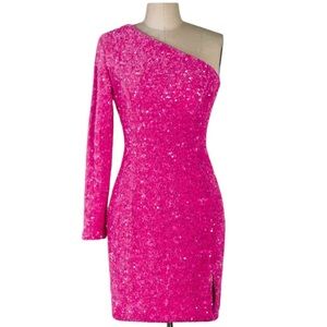 Elegant Pink Sequin One-Shoulder Mini Dress